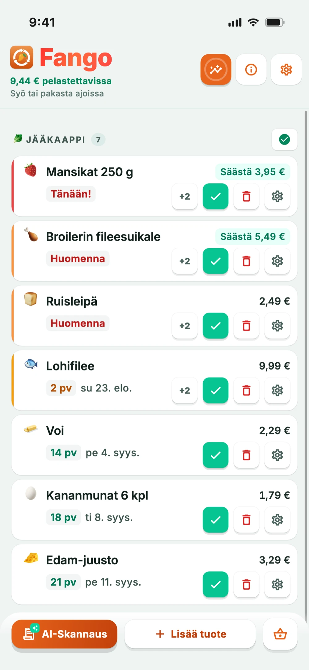 Fangon jääkaappinäkymä: tuotteet vanhenemisjärjestyksessä värikoodattuina